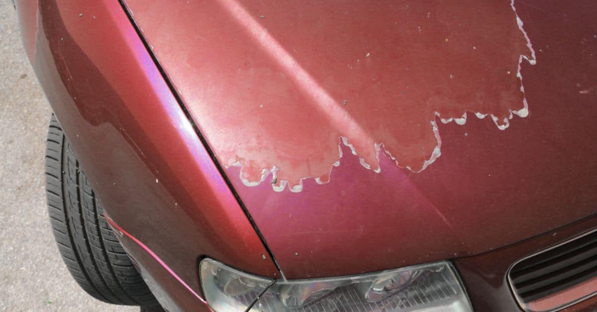 Damaged red car with peeling paint near the wheel and headlight.