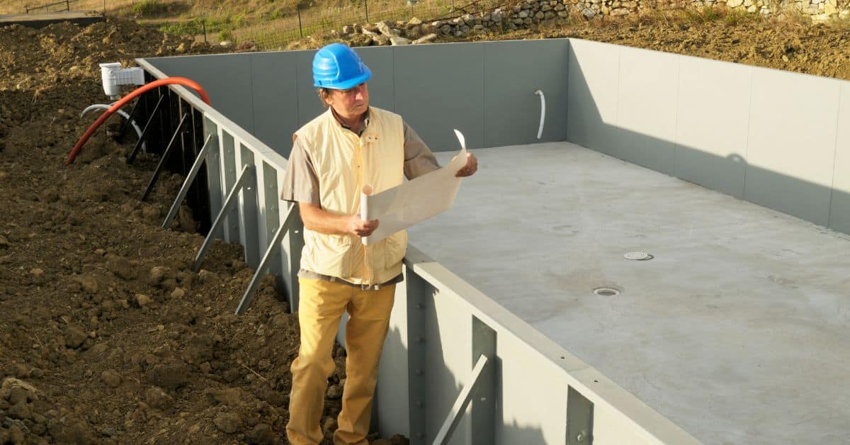 Construction worker inspecting pool foundation during building process in Cape Town.
