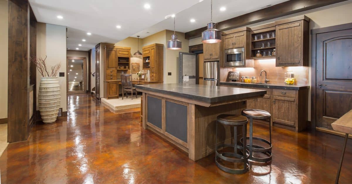 Epoxy floor coating in a modern kitchen, enhancing durability and style with professional epoxy appl.