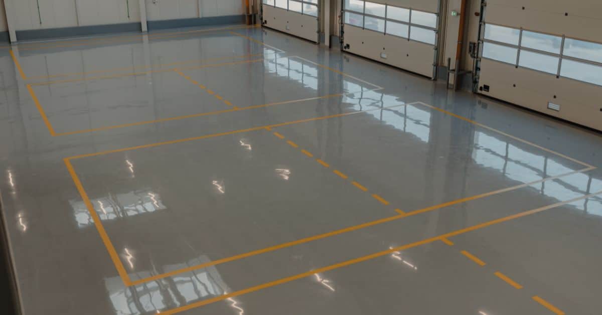 Polished epoxy floor in a commercial garage with marked parking spaces.