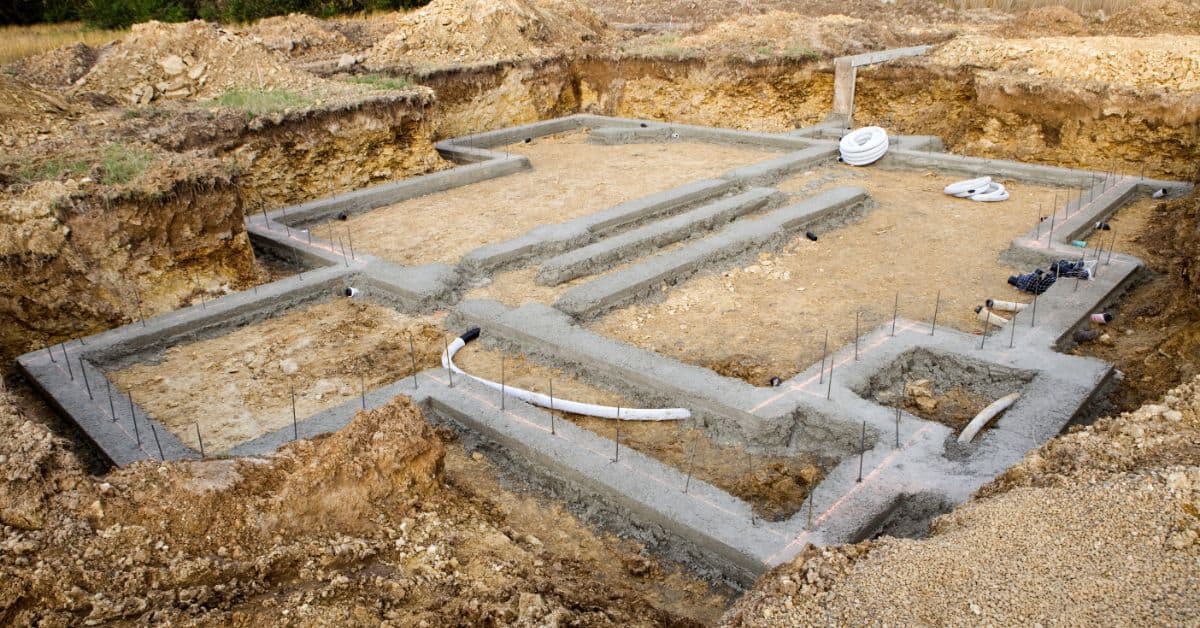 Concrete foundation for a single storey house under construction in South Africa.