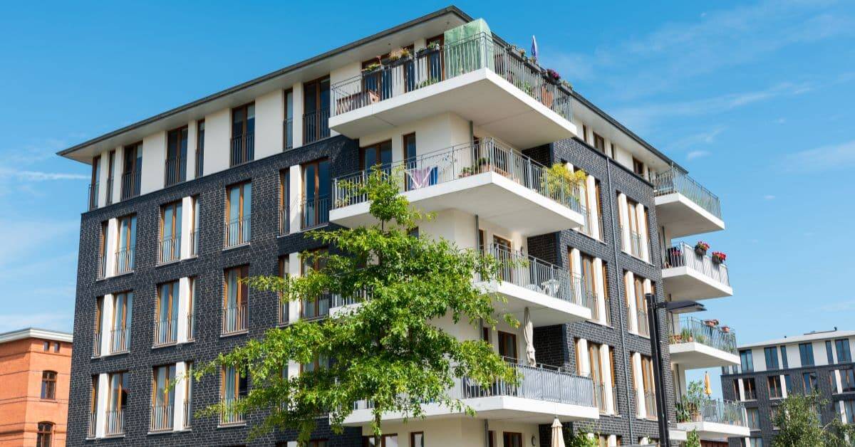 Contemporary apartment building with balconies in Cape Town, South Africa.