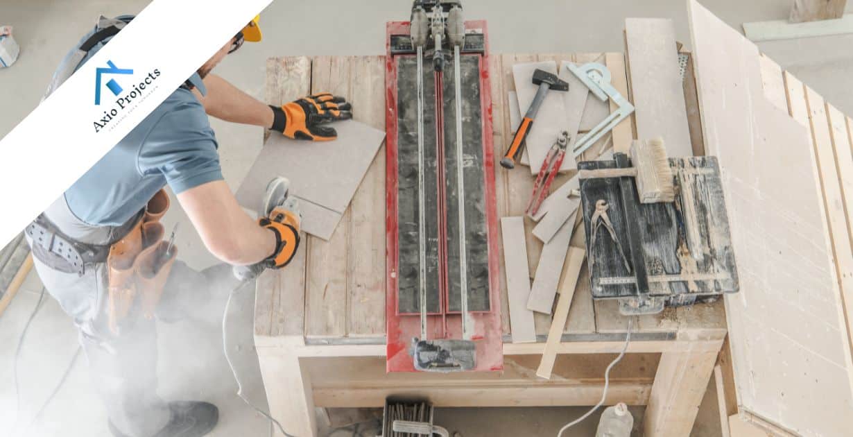 Skilled worker cutting wood for home remodeling project.