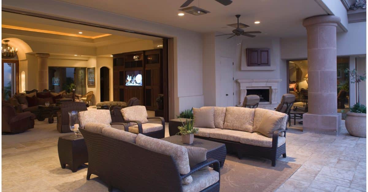Spacious modern living room with comfortable seating and stylish decor.