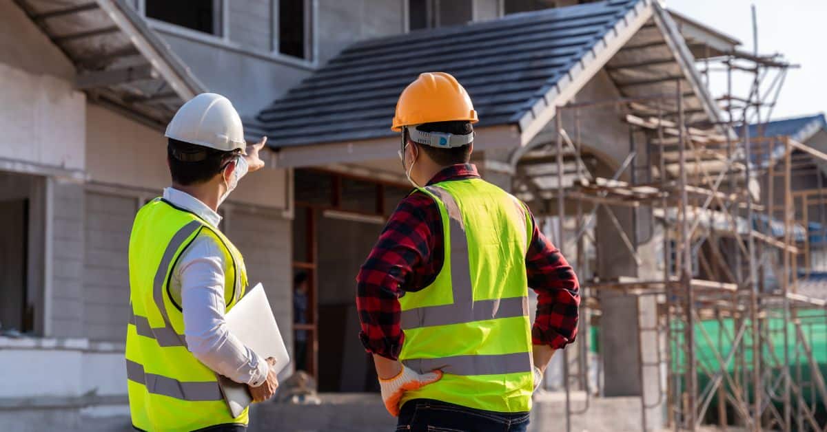 Construction site with two engineers inspecting a three-story house under construction.