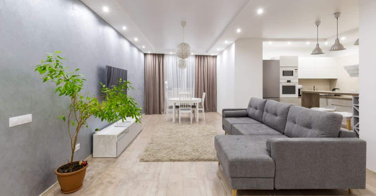 Spacious granny flat interior with living room, dining area, and modern kitchen design.