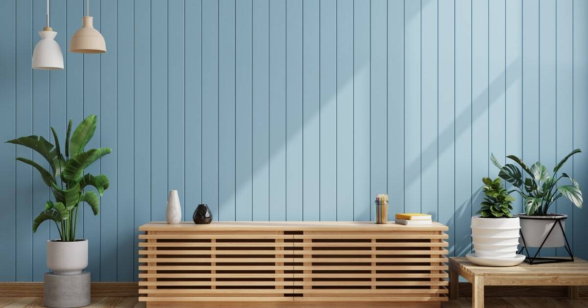 Modern wall cladding with blue panels in South African interior design.