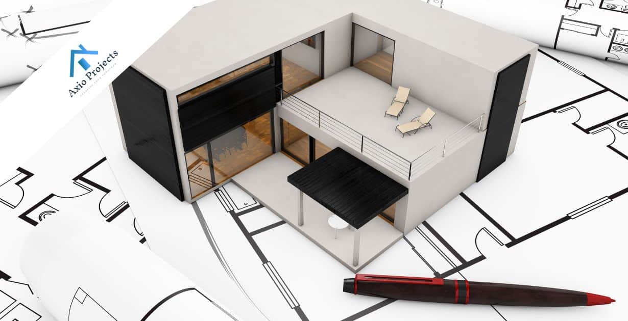 Interior view of a modern custom home under construction with architectural plans and design element.