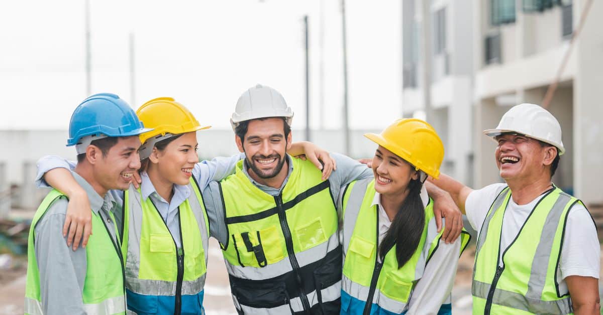 Happy construction team wearing safety gear at a building site.
