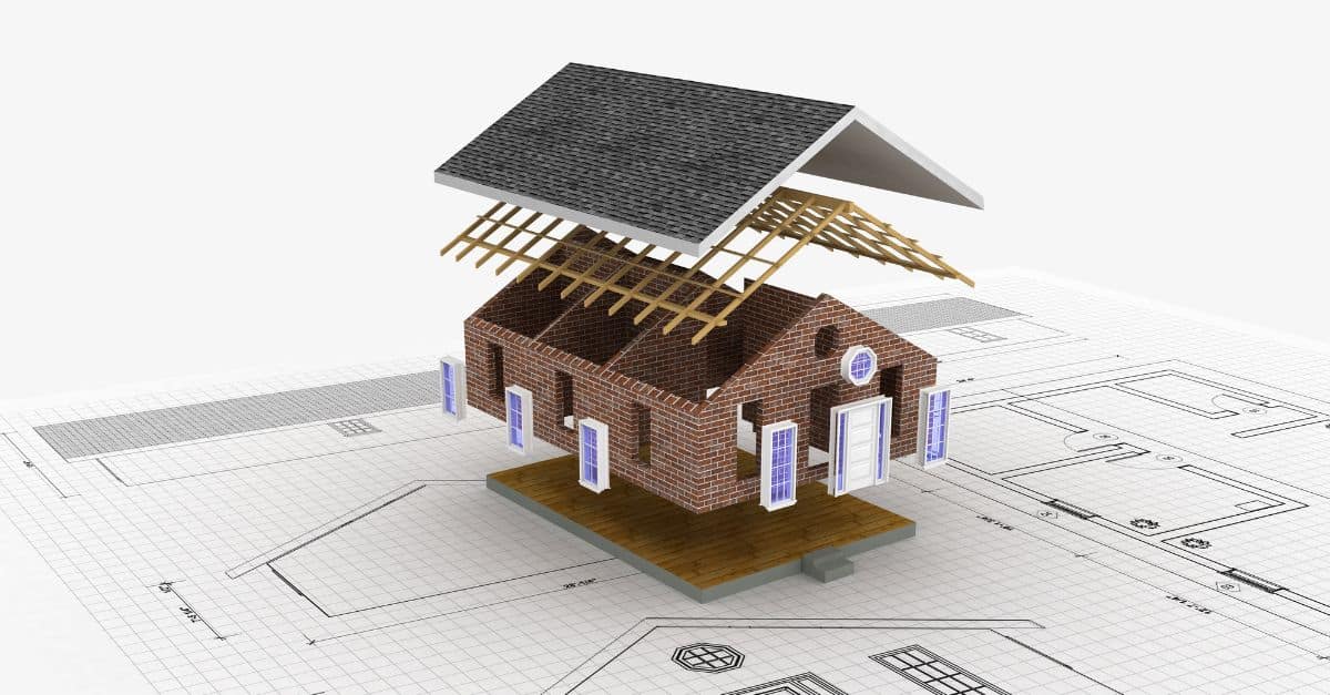 3D model of a modern three-bedroom house under construction with roof framing and architectural plan.