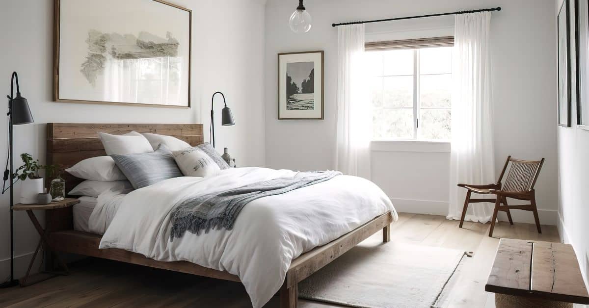 Bright and airy bedroom featuring a large window and minimalist decor. Perfect for a comfortable and.