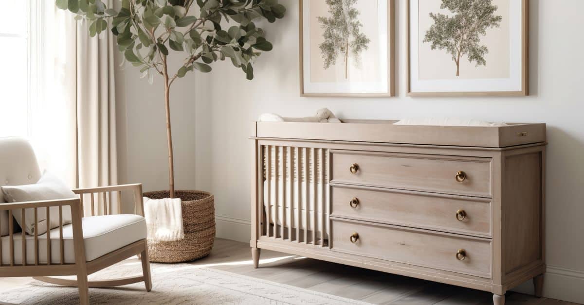 Elegant wooden nursery dresser with spacious drawers for baby room organization.