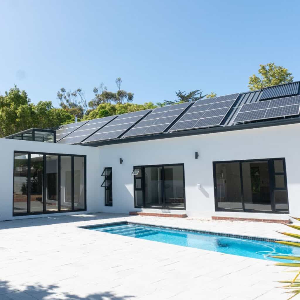 Solar panels on modern home roof.
