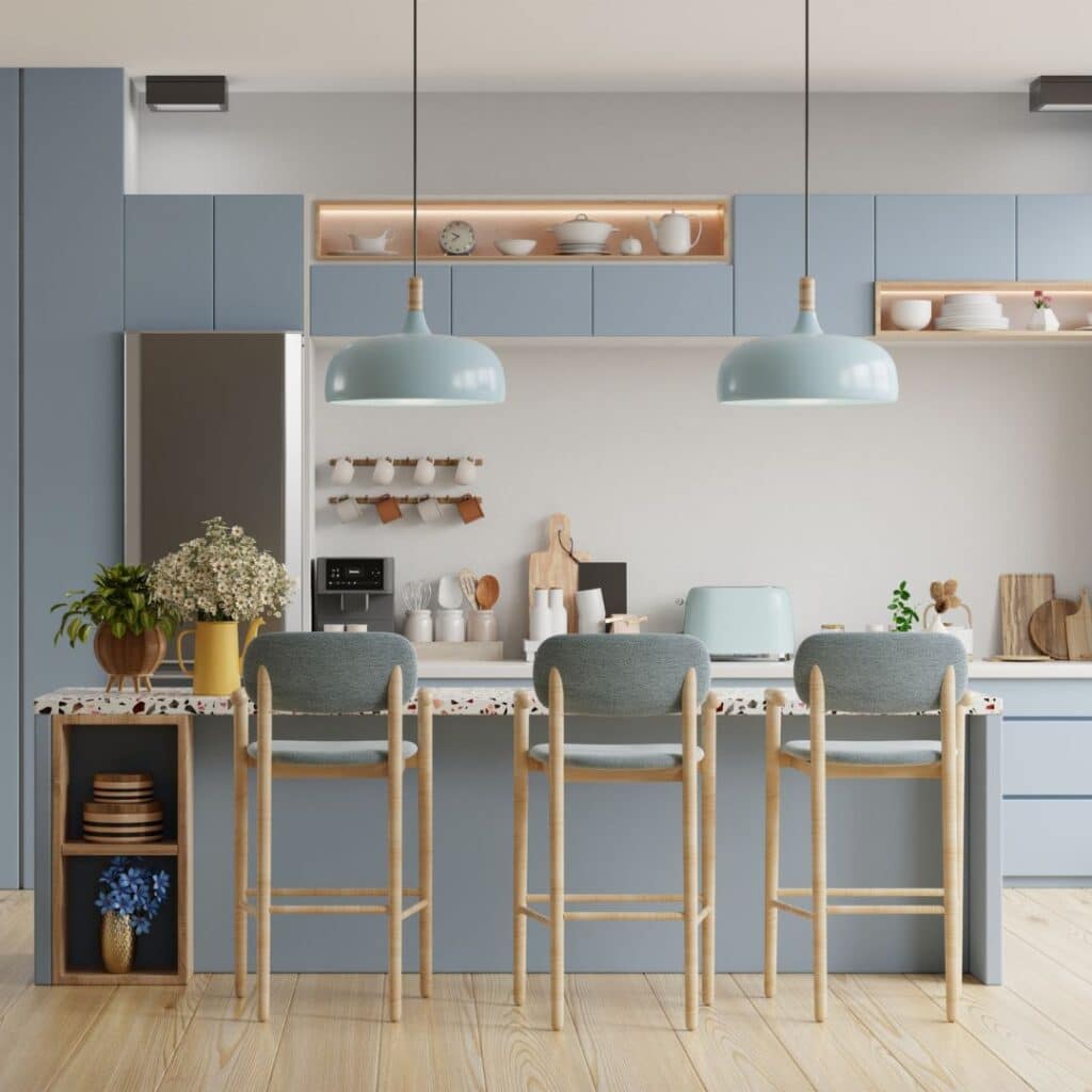 Mordern looking kitchen with blue cainets